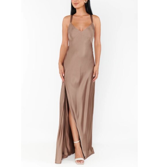 Show Me Your MuMu Anderson Taupe Satin Maxi Dress Size XS NWOT - Picture 2 of 12